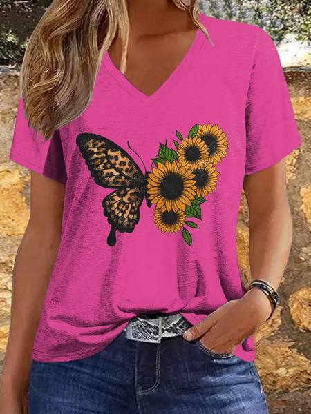 

Women‘s Sunflower Butterfly Casual Cotton-Blend Regular Fit T-Shirt, Rose red, T-shirts