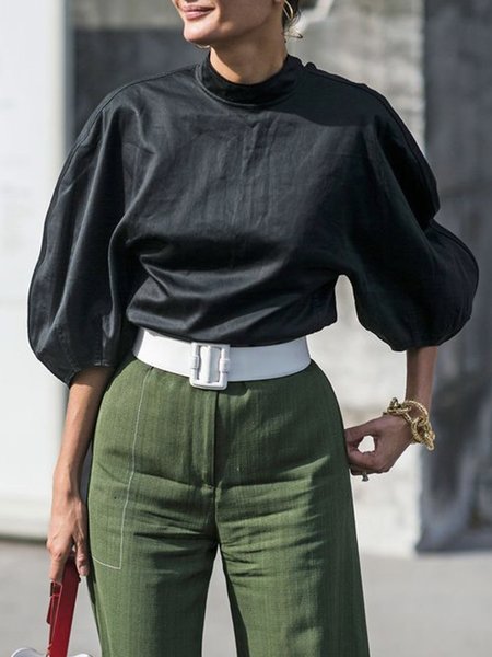 

Half sleeve Regular Fit Stand Collar Plain Urban Shirt, Black, Blouses and Shirts