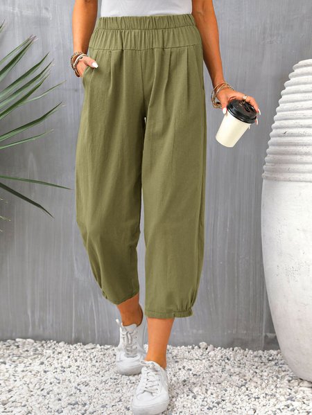 

Cotton Casual Pocket Olive Green Regular Elastic Waist Pants, Pants
