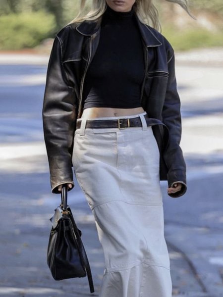 

PU Long sleeve Shawl Collar Casual Jacket, Black, Jackets