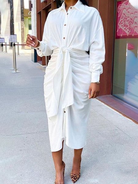 

Regular Fit Urban Shirt Collar Dress, White, Midi Dresses