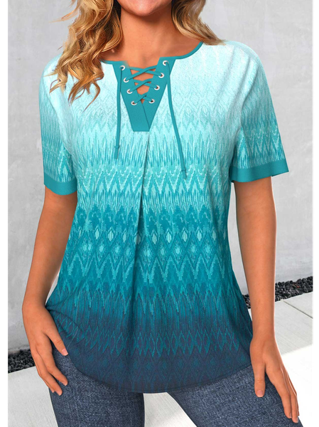 

Lace-Up Loose Ombre Casual Shirt, Blue, Shirts & Blouses