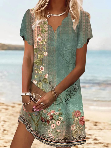 

V Neck Ethnic Loose Casual Dress, Green, Dresses