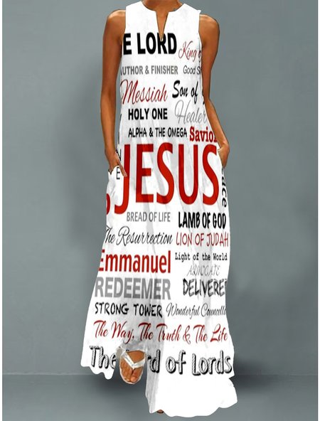 

Casual Text Letters V Neck Regular Fit maxi dress, White, Dresses