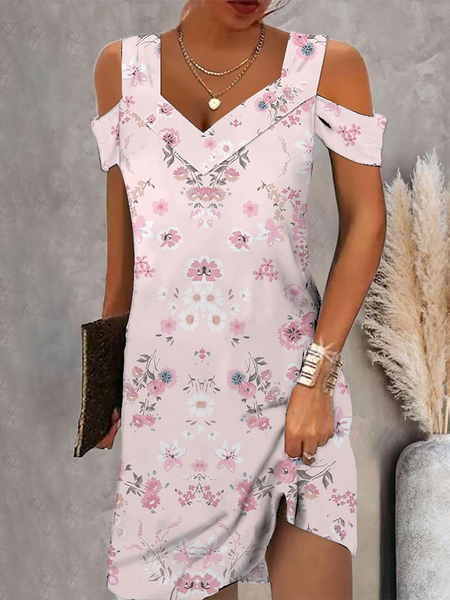 

V Neck Floral Loose Casual Dress, Pink, Dresses