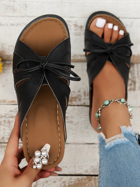 

Casual Bowknot Hollow out Comfy Wedge Heel Slide Sandals, Black, Sandals & Slippers