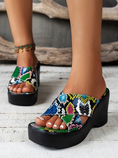 

Colorful Snakes Cross Strap Wedge Sandals, Snakeskin, Sandals
