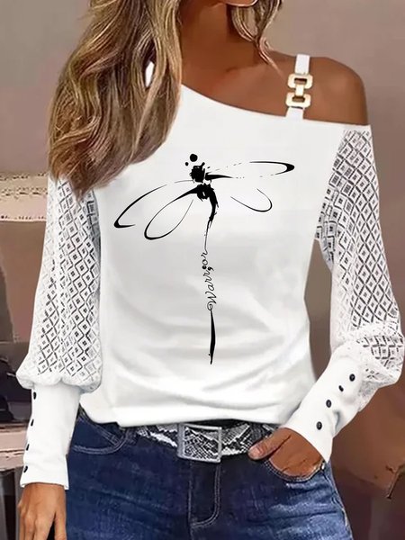 

Women Dragonfly Long Sleeve Blouse Spring/Fall Lace Asymmetrical Daily Casual Top, White, Shirts
