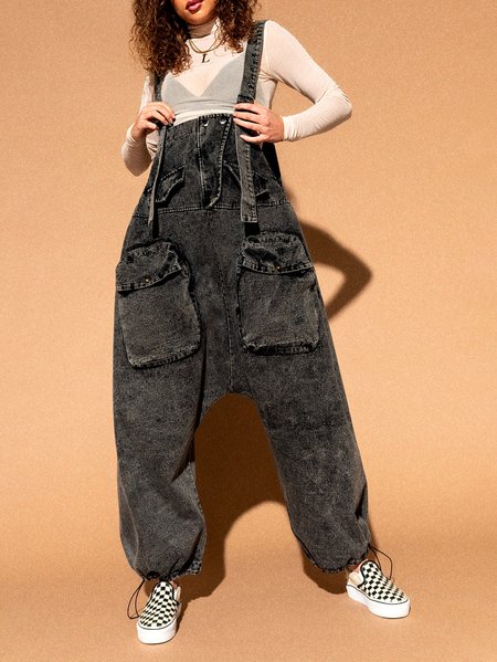 

Vintage Distressed Loose Wide Leg Pants Elasticity Denim Bib Pants, Black, Jumpsuits＆Rompers