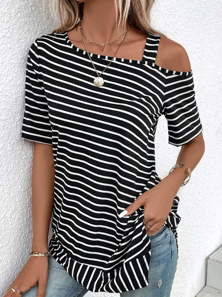

One Shoulder Loose Striped Casual T-Shirt, Stripe, T-Shirts