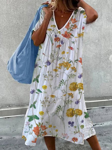 

Floral Loose V Neck Casual Dress, White, Dresses