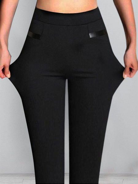 

Knitted Plain Tight Casual Leggings, Black, Leggings