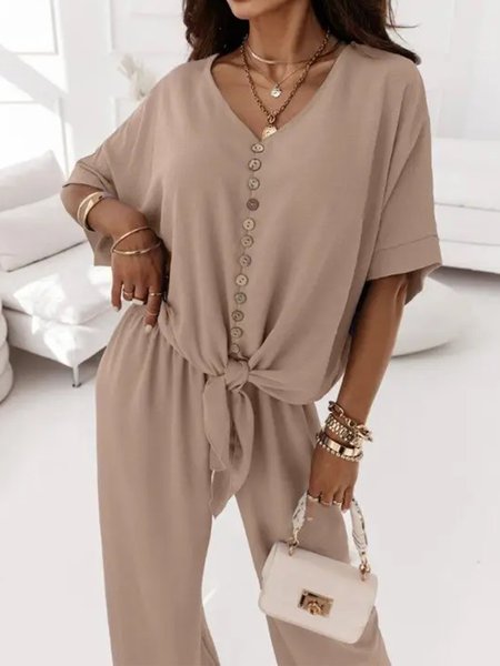 

Casual Plain V Neck Two-Piece Set, Khaki, Suit Set