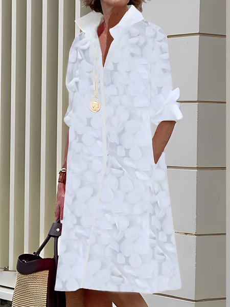 

Plain Shirt Collar Urban Loose Midi Dress With No Belt, White, Midi Dresses
