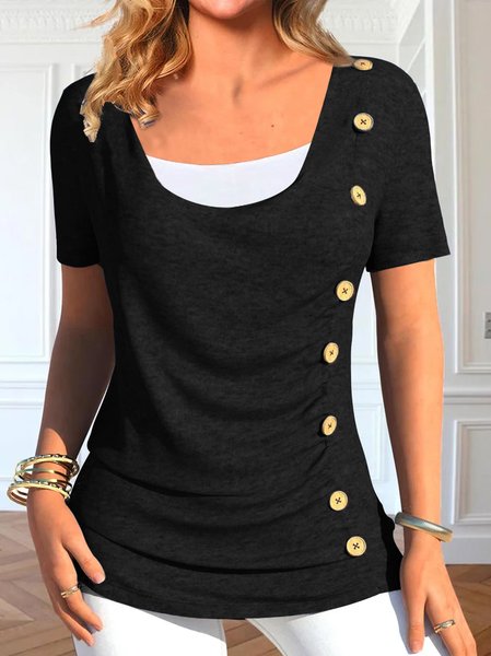 

Ruched Casual Plain Scoop Neck Shirt, Black, Shirts & Blouses