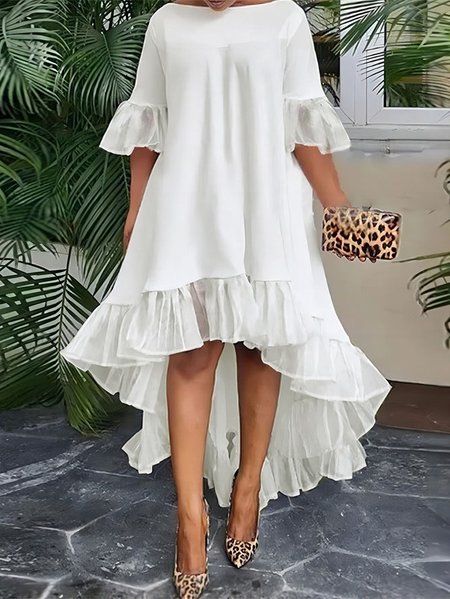 

Regular Fit Crew Neck Color Block Elegant Dress, White, Midi Dresses