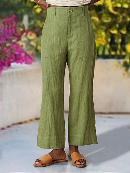 

Plain Loose Casual Cotton Pants, Green, Pants