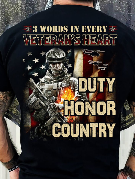 

Men’s 3 Words In Every Veteran'S Heart Text Letters Casual Loose Cotton T-Shirt, Black, T-shirts