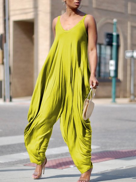 

Loose V Neck Urban Sleeveless Plain Jumpsuit, Yellow, Jumpsuits