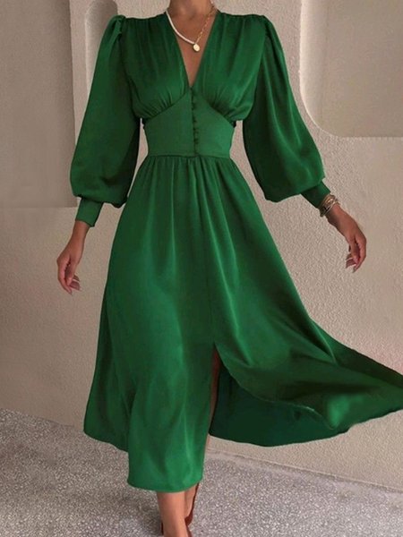 

V Neck Loose Plain Urban Dress With No, Green, Maxi Dresses