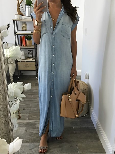 

Casual Loose Shirt Collar Denim Short Sleeve Dress, Blue, Maxi Dresses