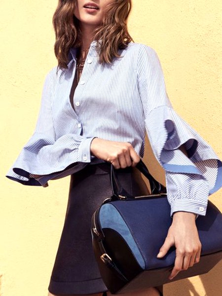 

Regular Fit Striped Elegant No Elasticity Blouse, Blue, Blouses and Shirts