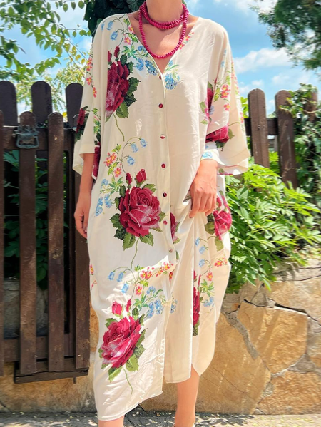

Casual Floral V Neck Regular Fit midi dress, White, Shirt Dresses