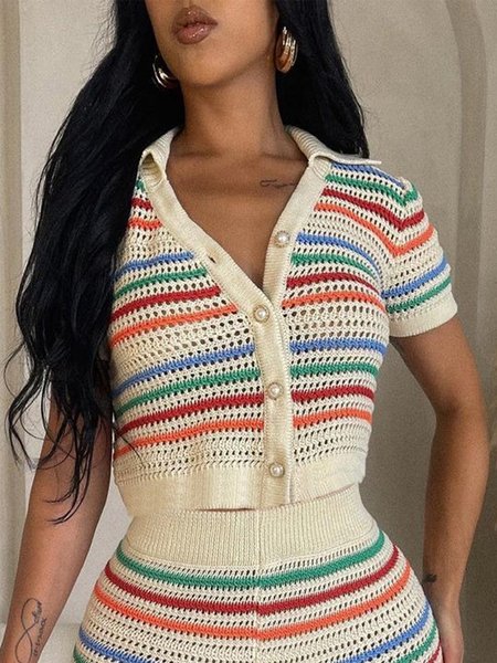

Striped Casual V Neck Short Sleeve Sweater, As picture, Pullovers