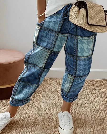 

Loose Casual Color Block Pants, Blue, Pants