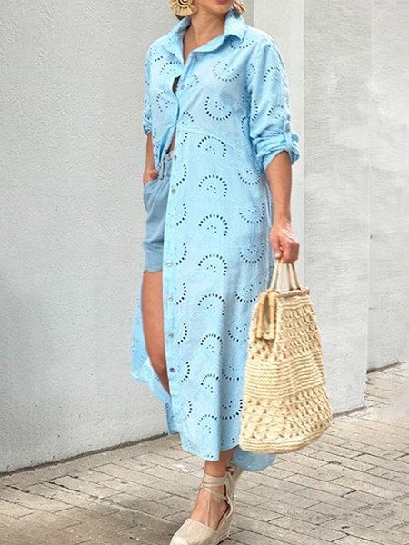 

Shirt Collar Urban Dress With No Belt, Blue, Maxi Dresses