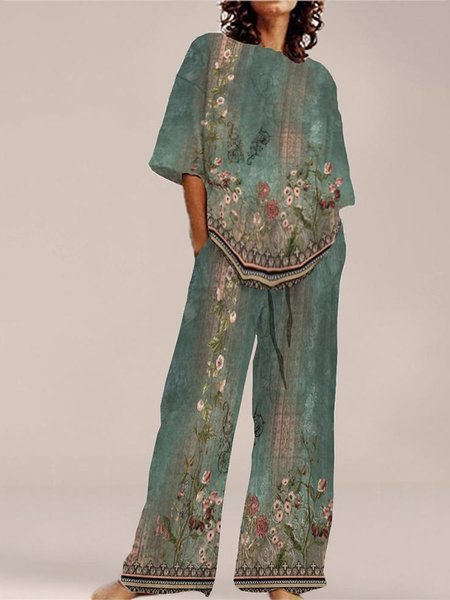 

Casual Floral Two-Piece Set, Green, Suit Set