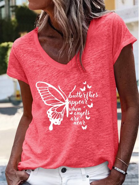 

Women's Butterflies Appear V Neck Casual T-Shirt, Pink, T-shirts