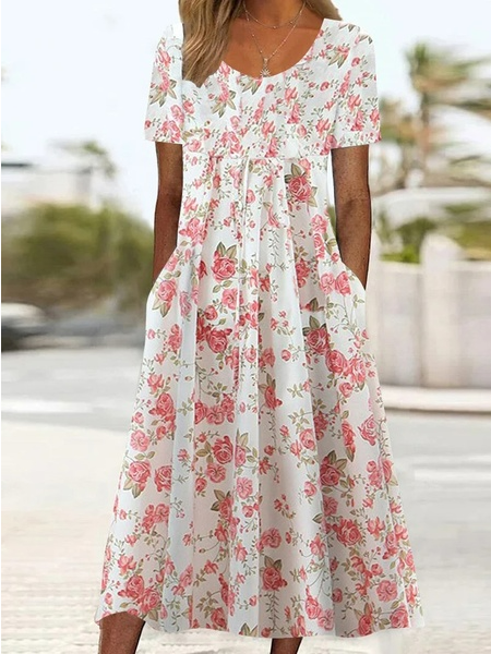 

Crew Neck Casual Dress With No Belt, White, Dresses