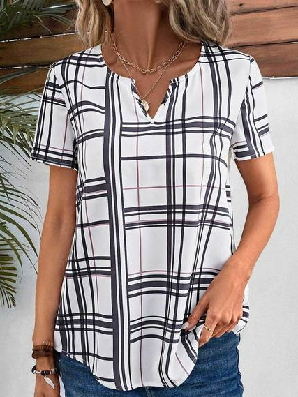 

Loose Casual V Neck Plaid Shirt, White, Shirts & Blouses
