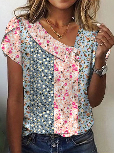 

Casual Loose Buckle Floral T-Shirt, Pink, T-Shirts