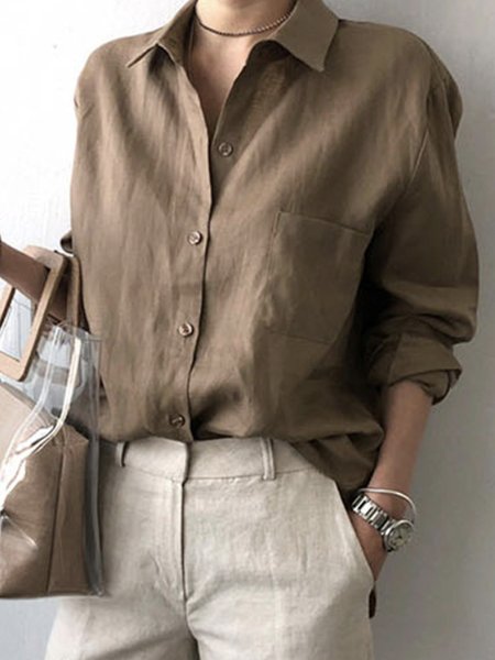 

JFN Cotton & Linen Loose Plain Shirt Collar Casual Blouse, Coffee, Shirts & Blouses