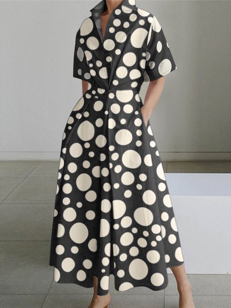 

Polka Dots Regular Fit Shirt Collar Urban Shirt Dress, Black, Midi Dresses
