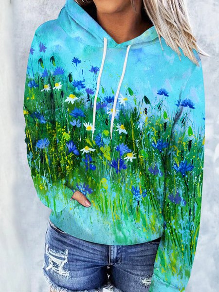 

Casual Crew Neck Floral Hoodie, Cyan, Sweatshirts & Hoodies