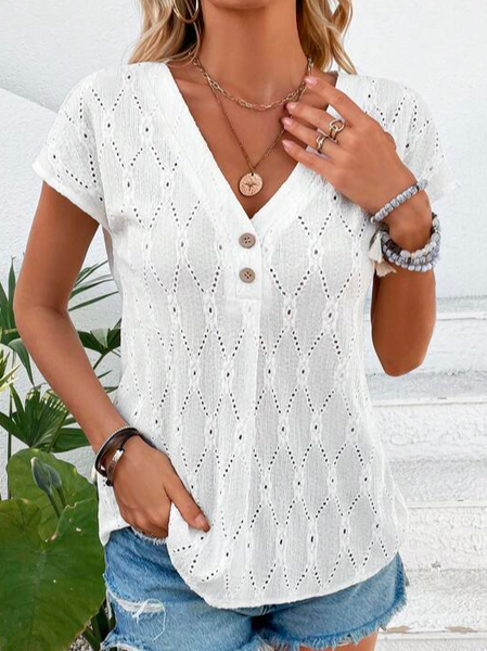 

Casual Geometric Loose Eyelet Embroidery Batwing Sleeve Button Front T-Shirt, White, T-Shirts