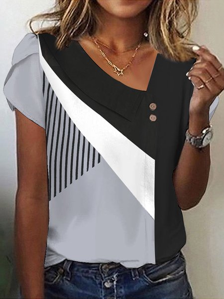 

Color Block Loose Casual V Neck Shirt, Black, Shirts & Blouses