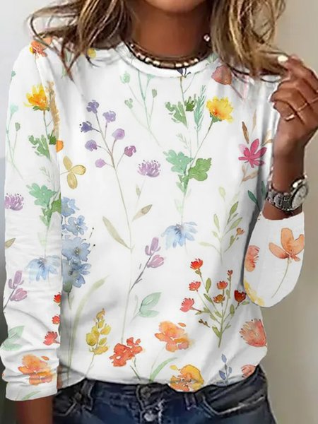 

Women Floral Crew Neck Casual Long Sleeve T-shirt, White, Long Sleeves
