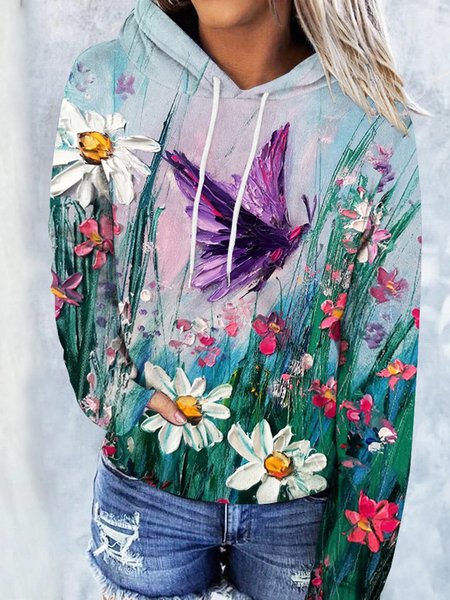 Casual Crew Neck Regular Fit Butterfly Hoodie