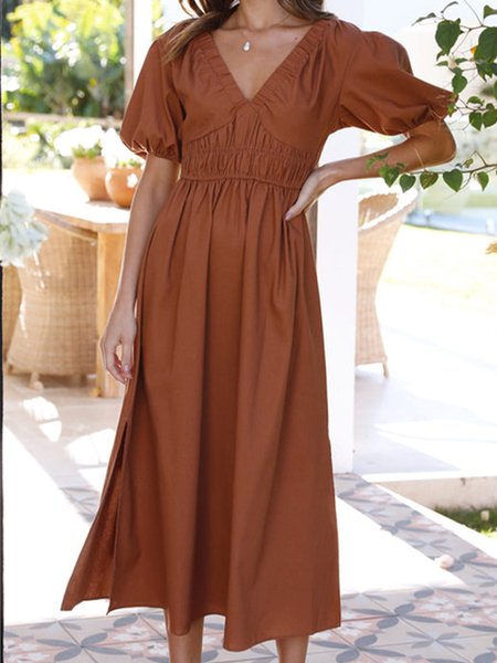 

V Neck Dress, Red brown, Maxi