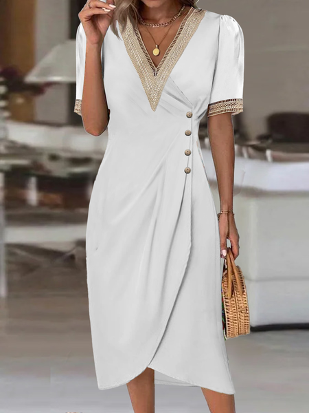 

V Neck Plain Regular Fit Casual Midi Dress, White, Dresses