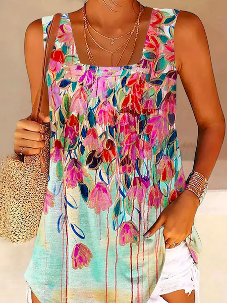 

Casual Floral Spaghetti Loose Tank Top, Pink, Tanks & Camis