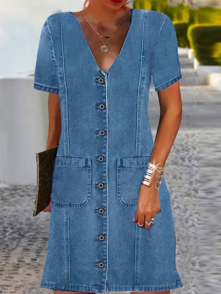

Buttoned Denim Blue V Neck Casual Loose Plain Dress, Dresses