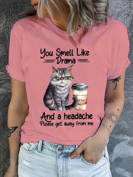 

Women's You Smell Like Drama Cat T-shirt, Cute Joke Cat Lover Casual T-Shirt, Pink, T-shirts