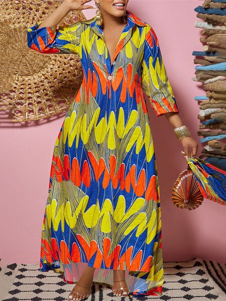 

Loose Abstract Stripes Vacation Shirt Collar Dress, As picture, Maxi Dresses