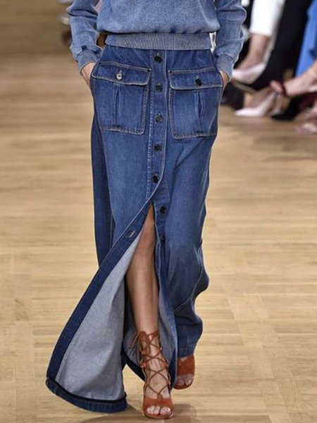 

Casual Regular Fit Plain Pockets Denim Skirt, Blue, Denim Skirts