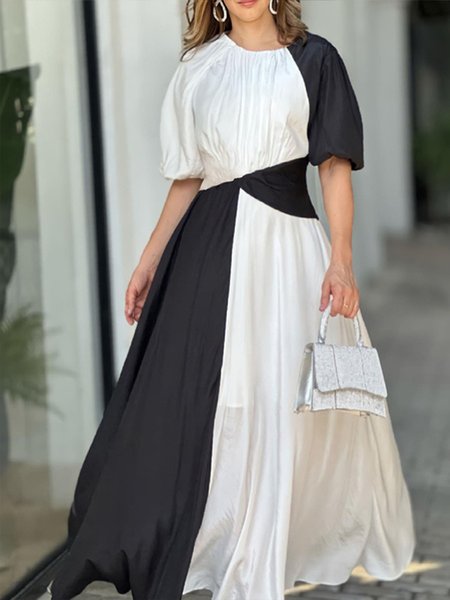 

Loose Color Block Urban Crew Neck Dress With No, Black-white, Maxi Dresses